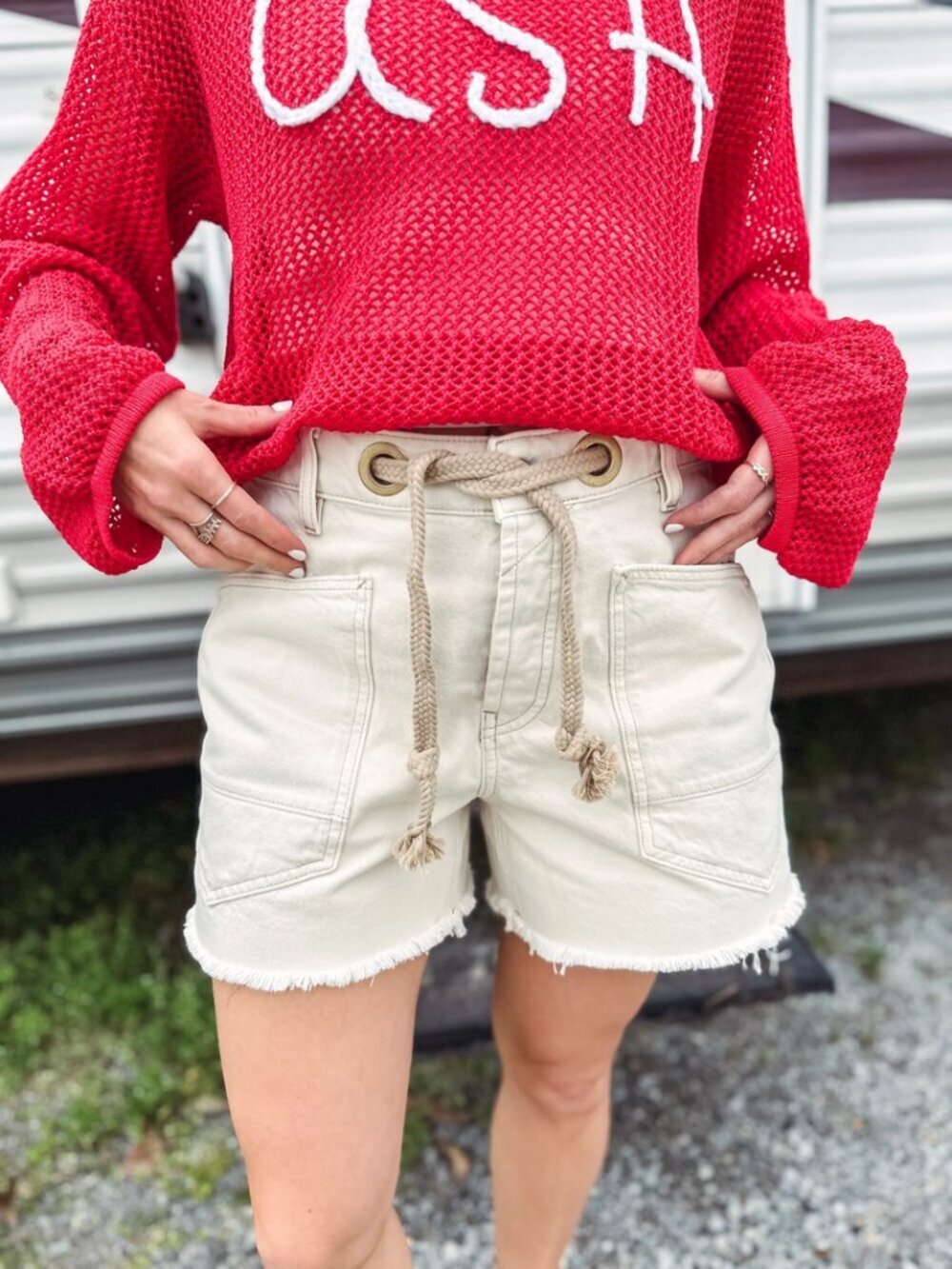 FREE PEOPLE Moxie Mid Rise Belted Drawstring Cutoff Denim Shorts in Beige